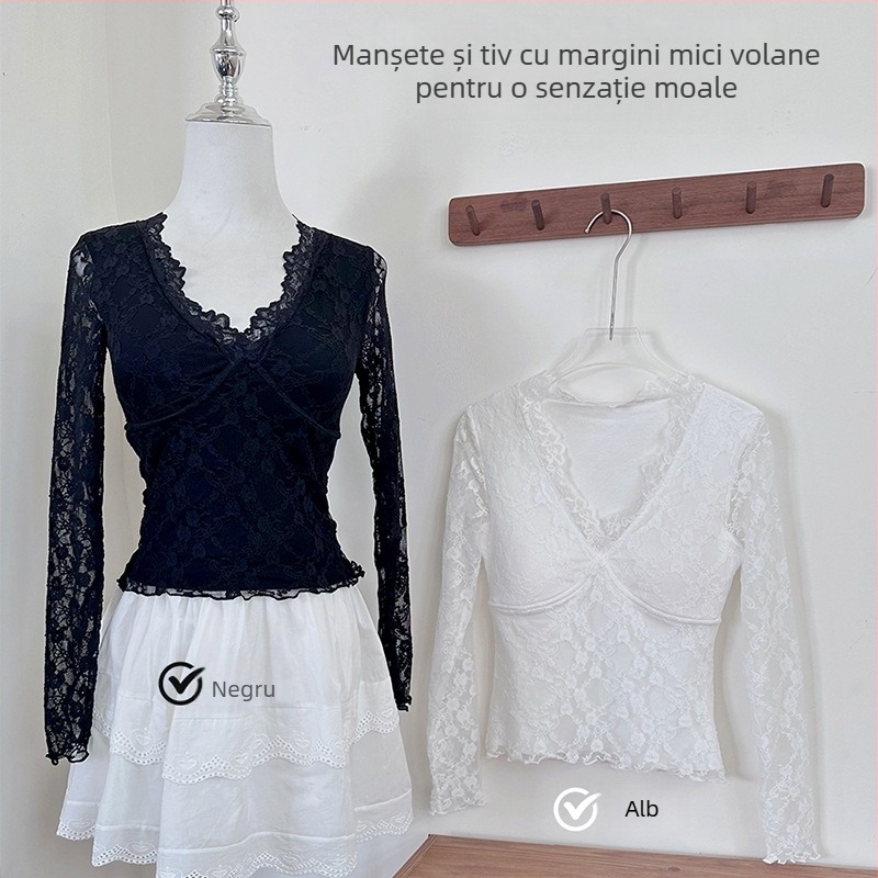 Top termic din dantelă pentru toamnă-iarnă, subțire, mulat, mâneci lungi, cu pernă pentru bust NT2418