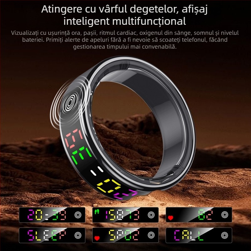 Inel Bluetooth cu ecran color, monitorizare ritm cardiac și saturație de oxigen, monitorizare somn și numărătoare de pași