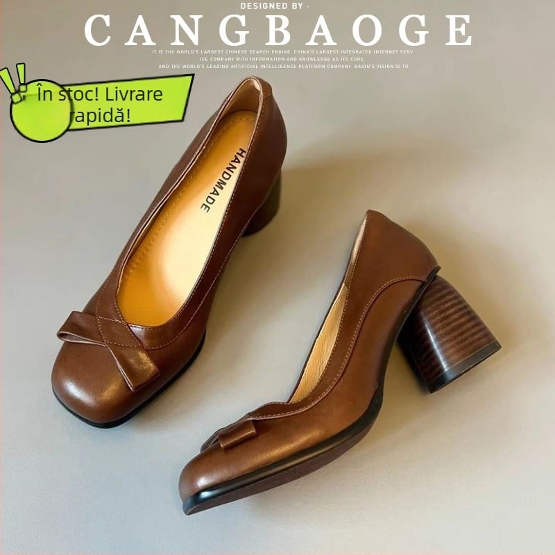 Pantofi dama cu stil franțuzesc și funda în nod, toc gros, design vintage, slip-on cu decolare joasă, confort.