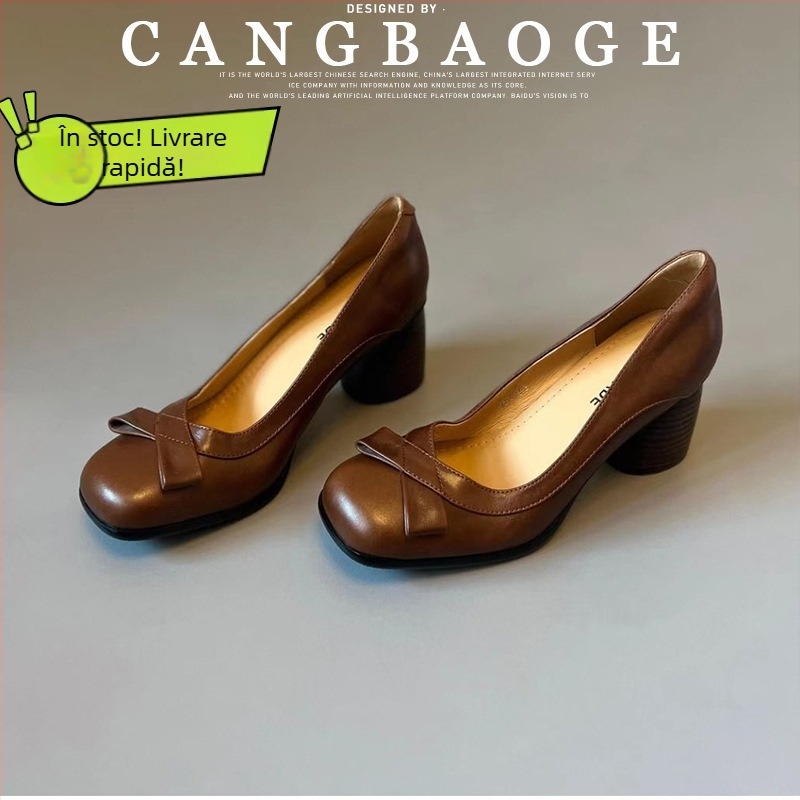 Pantofi dama cu stil franțuzesc și funda în nod, toc gros, design vintage, slip-on cu decolare joasă, confort.