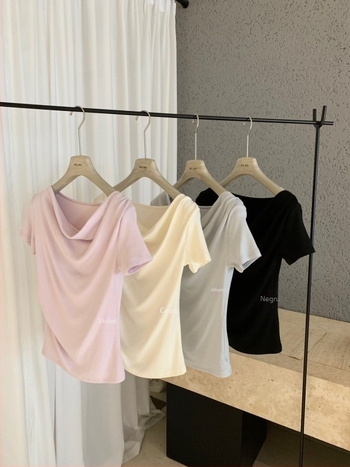 WGWE8835 Tricou de damă cu un singur umăr, stil franțuzesc, mâneci scurte, croială slim, decolteu cu umăr gol