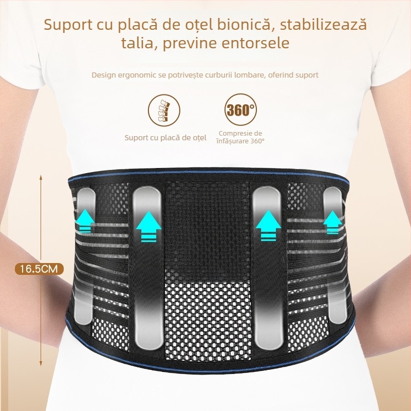 Centură lombară cu placă de oțel, respirabilă, talie pentru bărbați și femei, stabilizare a coloanei