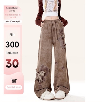 Pantaloni de trening pentru femei, cu aplicație fluture, căptuiți cu fleece, toamnă–iarnă, stil american vintage, casual, croială relaxată, largi