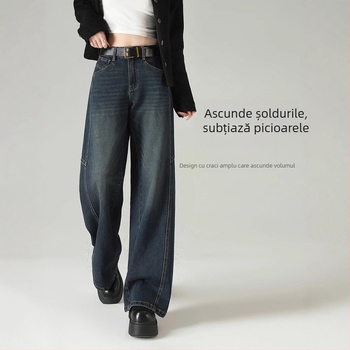Jeansi femei cu talie înaltă, largi, din denim, pentru silueta pară, mărime mică, croială dreaptă, 2025 primăvară-toamnă