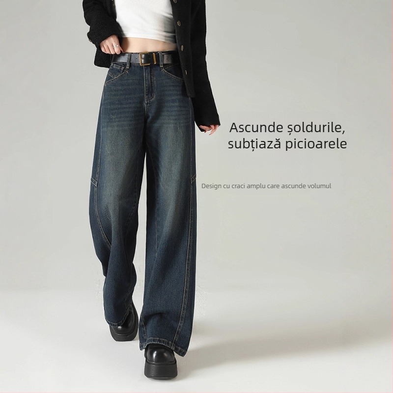 Jeansi femei cu talie înaltă, largi, din denim, pentru silueta pară, mărime mică, croială dreaptă, 2025 primăvară-toamnă