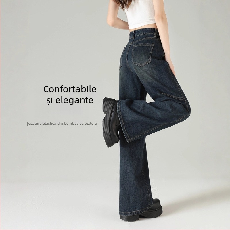 Jeansi femei cu talie înaltă, largi, din denim, pentru silueta pară, mărime mică, croială dreaptă, 2025 primăvară-toamnă