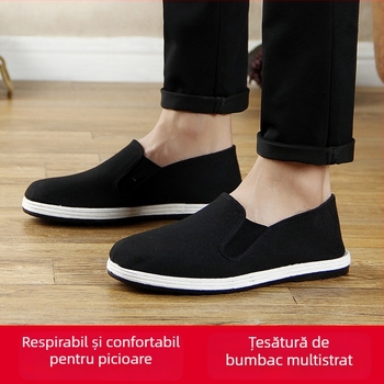 Pantofi de pânză negri pentru bărbați, respirabili, talpă plată, cusuti manual, pantofi casual de antrenament