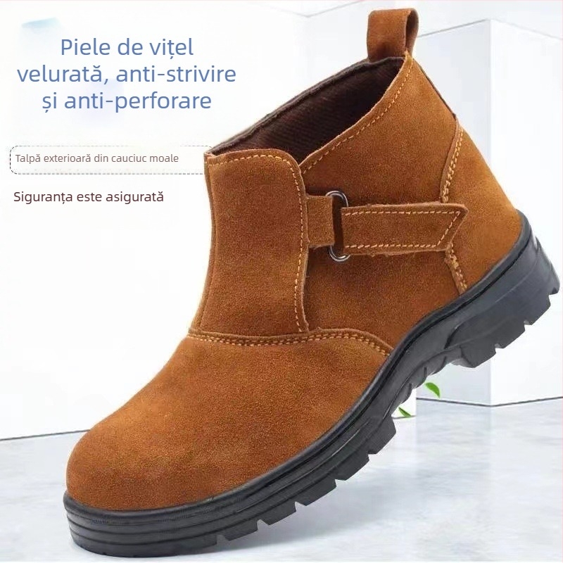 Pantofi de lucru pentru bărbați, protecție la lovire și perforare, vârf din oțel, piele velur, partea superioară înaltă, culoare camel