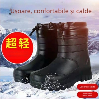Ghete de zăpadă pentru bărbați, înalte, căptușite cu fleece, negre, talpă EVA ușoară, impermeabile