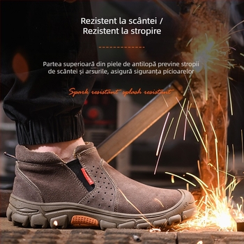 Pantofi de protecție pentru sudură din piele de vițel, rezistenți la temperaturi înalte, cu vârf metalic, fără șireturi, anti-penetrație și anti-șoc, talpă durabilă