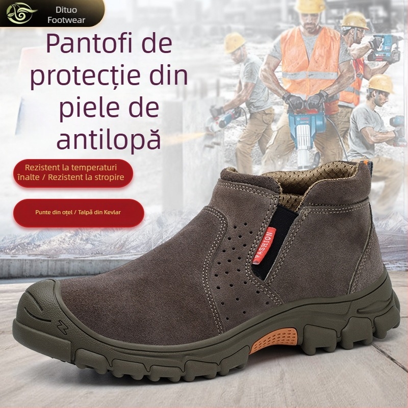 Pantofi de protecție pentru sudură din piele de vițel, rezistenți la temperaturi înalte, cu vârf metalic, fără șireturi, anti-penetrație și anti-șoc, talpă durabilă