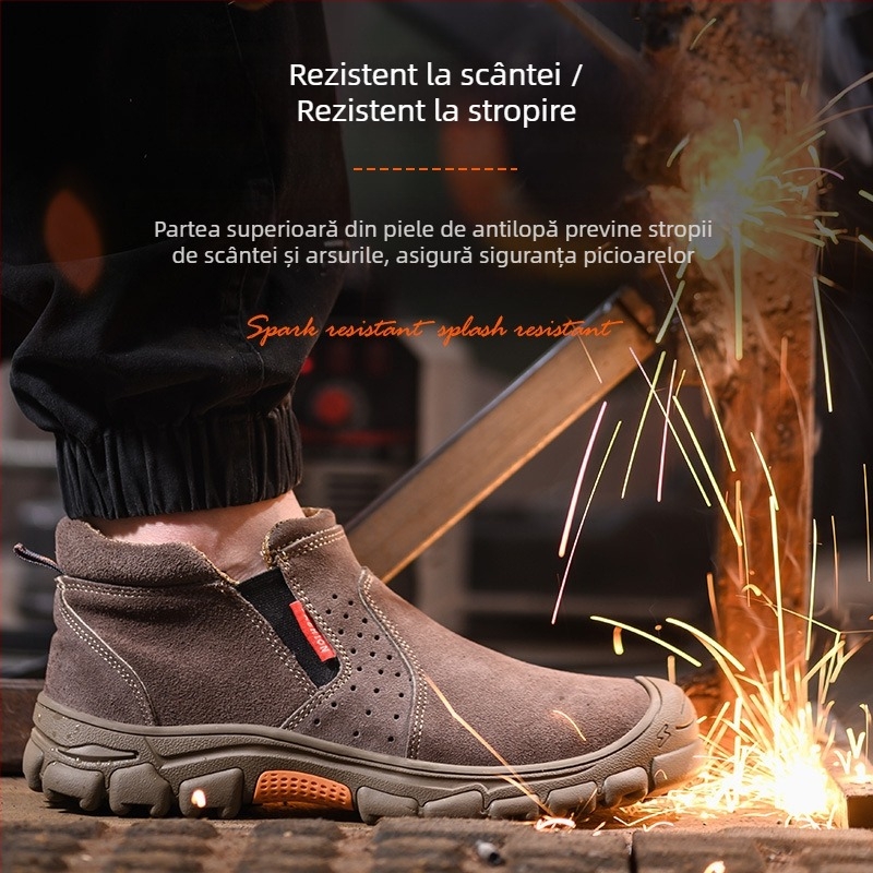 Pantofi de protecție pentru sudură din piele de vițel, rezistenți la temperaturi înalte, cu vârf metalic, fără șireturi, anti-penetrație și anti-șoc, talpă durabilă