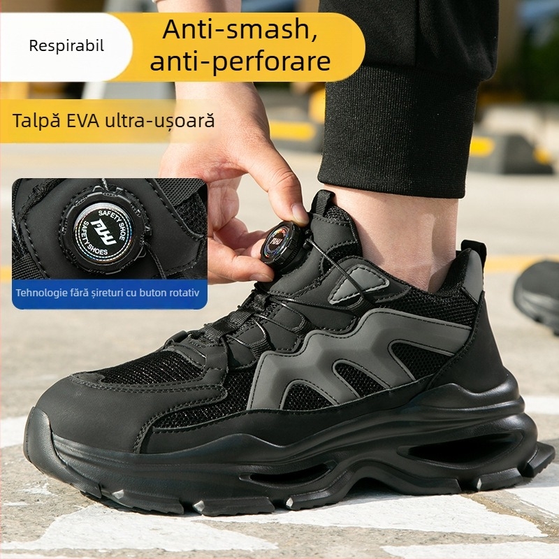 Pantofi de protecție pentru muncă, respirabili vara, anti-șoc și anti-perforație, partea superioară din fly-knit, vârf din oțel, toate anotimpurile, închidere cu buton rotativ