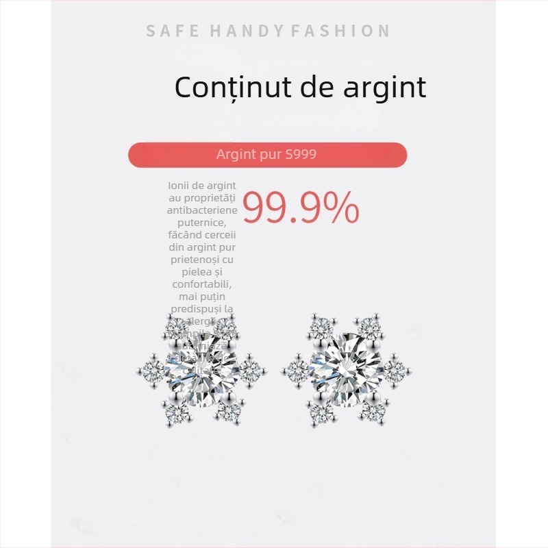 Cercei cu fulg de zăpadă din argint 999, cu diamante încrustate, design elegant minimalist pentru femei