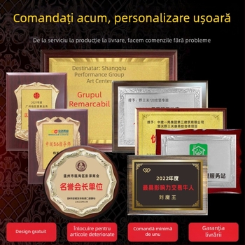 Certificate de onoare corporativ personalizate, plăcuțe de autorizare, medalii cu foiță de aur, suporturi din lemn pentru expunere, plăci din cupru și plăci de agățat personalizate