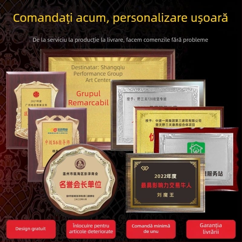 Certificate de onoare corporativ personalizate, plăcuțe de autorizare, medalii cu foiță de aur, suporturi din lemn pentru expunere, plăci din cupru și plăci de agățat personalizate