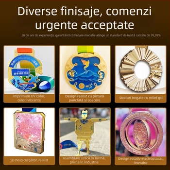 Medalii personalizate pentru evenimente sportive, maratoane, drumeții și activități creative; plăci metalice emailate în aur, argint și bronz.