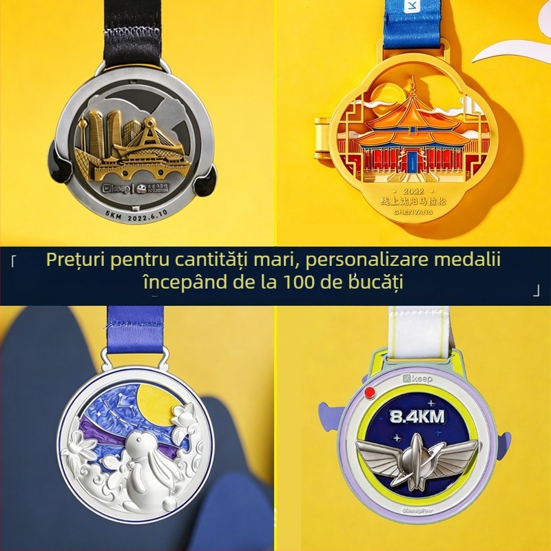 Medalii personalizate pentru evenimente sportive, maratoane, drumeții și activități creative; plăci metalice emailate în aur, argint și bronz.