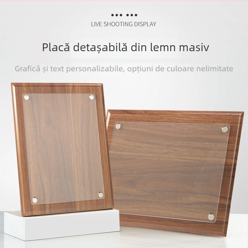 Ramă acrilică pentru medalii, cu suport din lemn încorporat, ramă pentru certificate, plăcuță de autorizare detașabilă, medalie din lemn de nuc imitatie