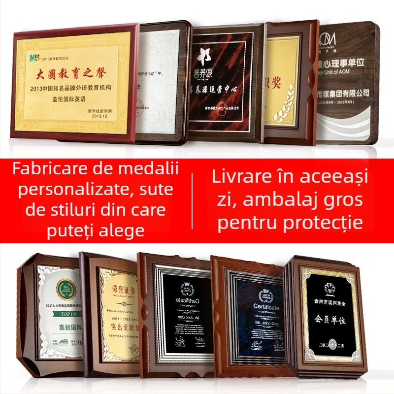 Placă de onoare din lemn cu medalion din bronz și placă din oțel inoxidabil, premiu autorizat, certificat din lemn masiv