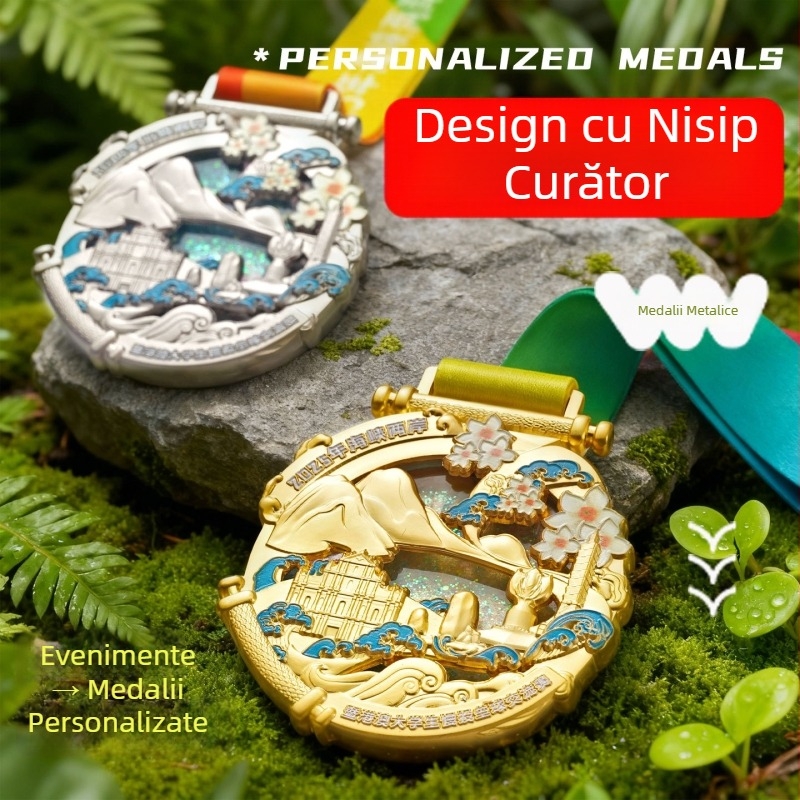Medalie metalică personalizată pentru evenimente sportive școlare – maraton, baschet și alpinism, memorie a evenimentului