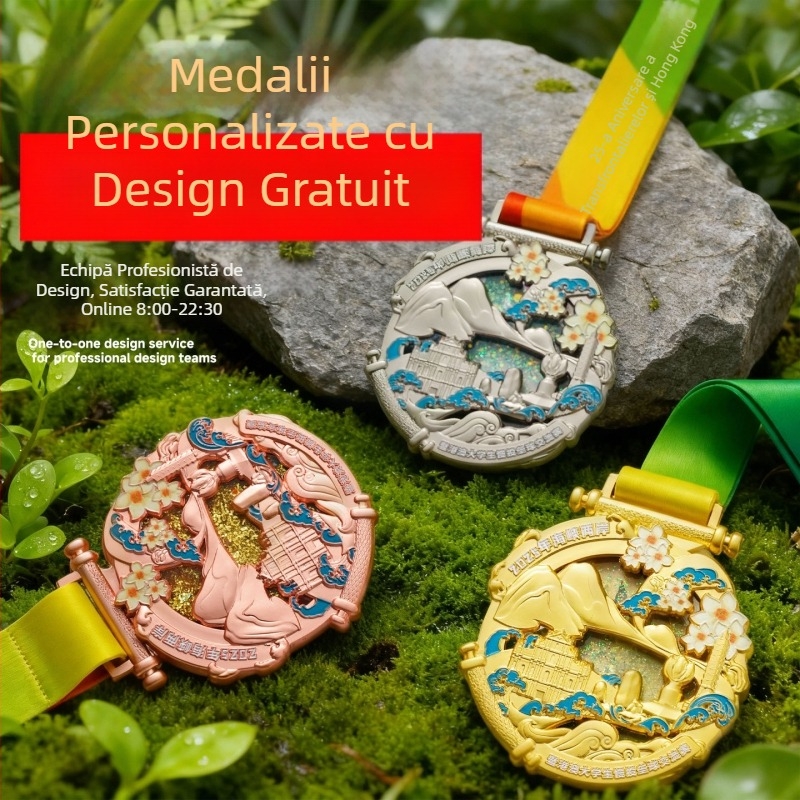 Medalie metalică personalizată pentru evenimente sportive școlare – maraton, baschet și alpinism, memorie a evenimentului