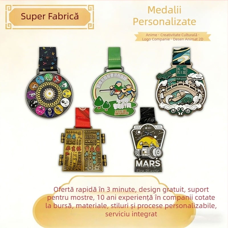 Medalii metalice emailate personalizate pentru maratoane și competiții ale copiilor și elevilor; plăcuțe comemorative; medalii pentru obiective turistice.