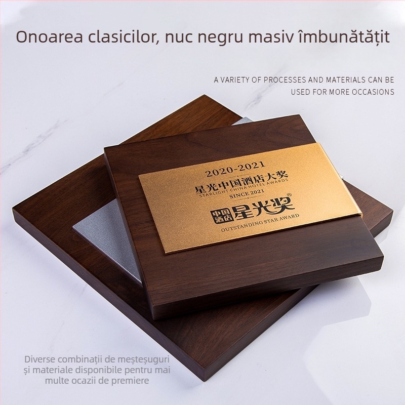 Medalie din lemn de nuc cu plăcuță groasă de aluminiu – plachetă de onoare și certificat