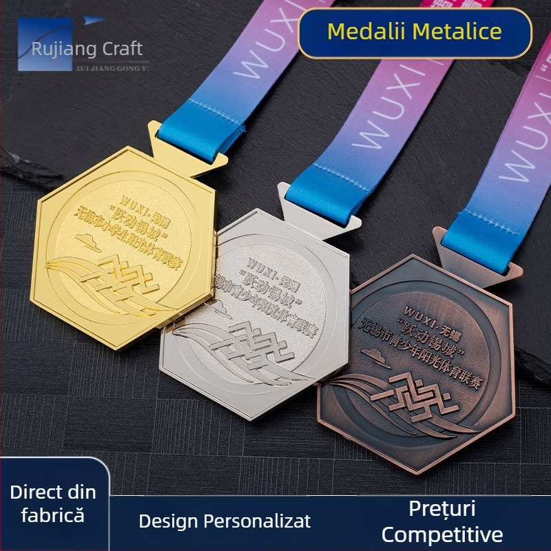 Medalie personalizată din aliaj de zinc pentru maraton – suvenir placat cu aur, în nuanțe de auriu, argintiu și bronz, vopsită