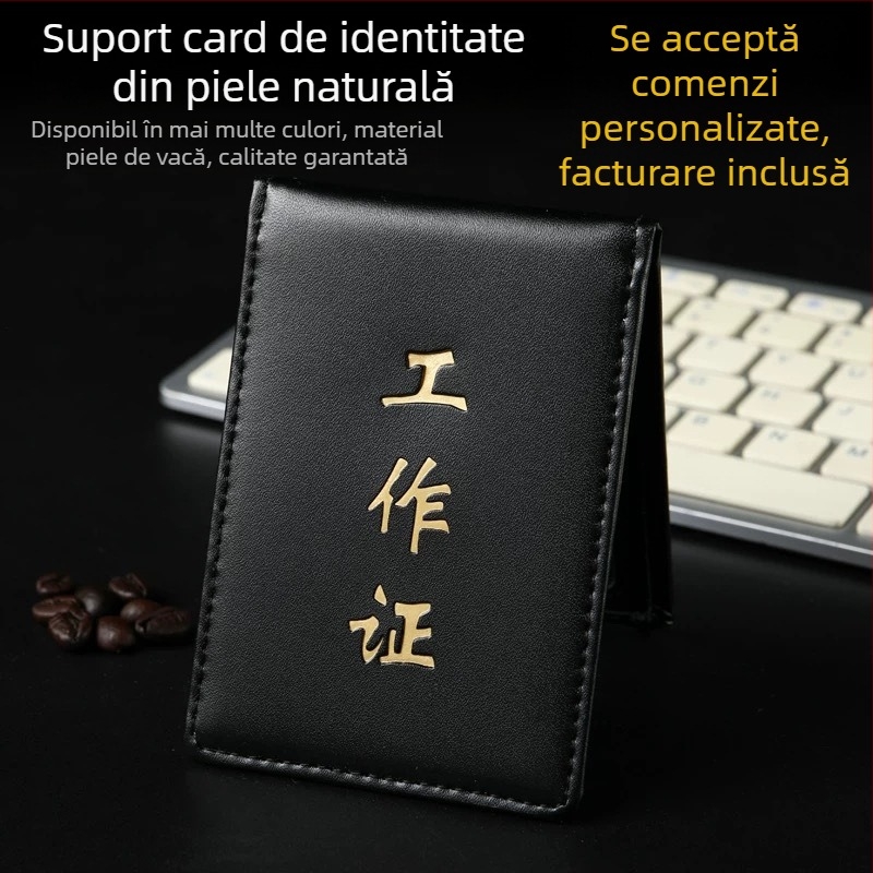 Holder din piele pentru documente și legitimații, cu capac rabatabil, buzunar pentru carduri și logo personalizat