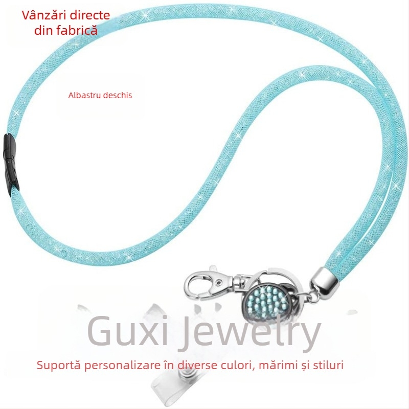 Colier pentru ecuson din cristal, cu clips retractabile pentru ecuson și snur pentru telefon cu cristale