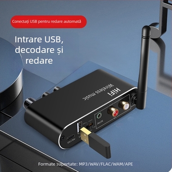 Receptor Bluetooth 5.1 RCA, convertor digital-analog cu ieșiri optice și coaxiale, suport USB flash drive, telecomandă - T01