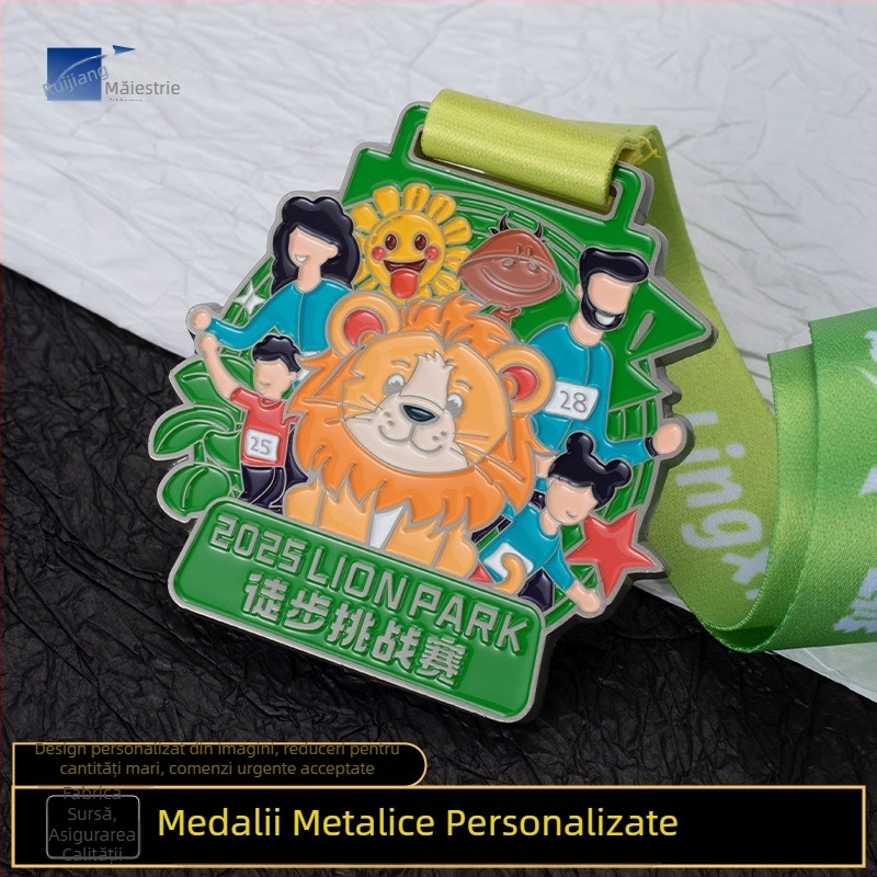 Medalie comemorativă metalică cu design desen animat și email, personalizabilă pentru drumeții montane și maratoane