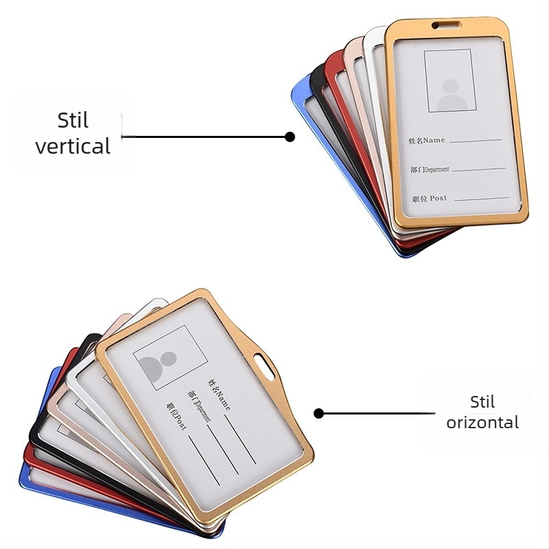 Suport din aliaj de aluminiu pentru badge și card de identificare, orientare orizontală sau verticală, pentru expoziții.