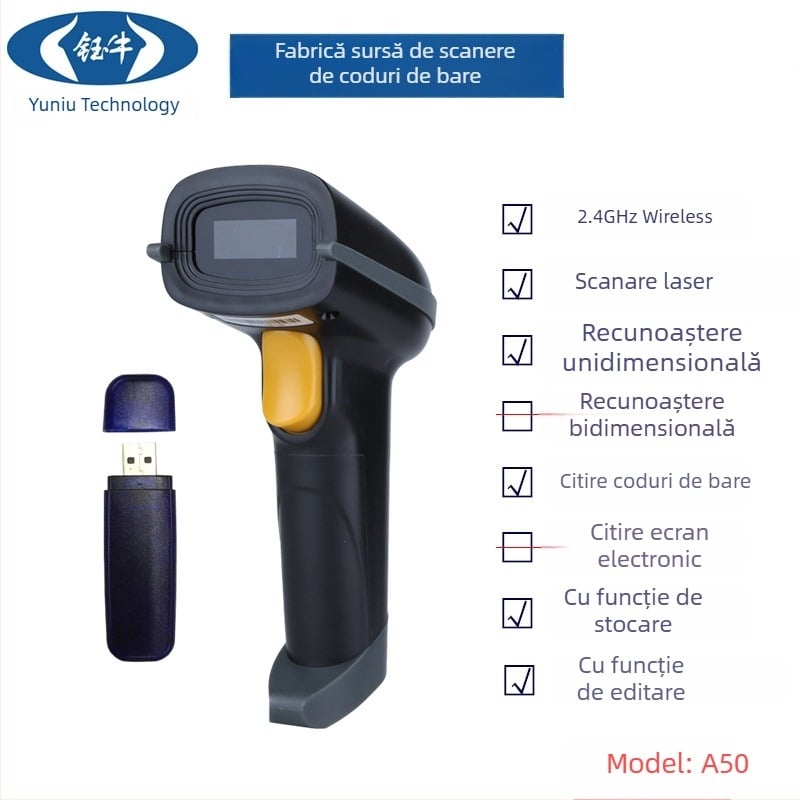Scaner portabil cu laser pentru coduri de bare, interfață USB, model Yuniu A50