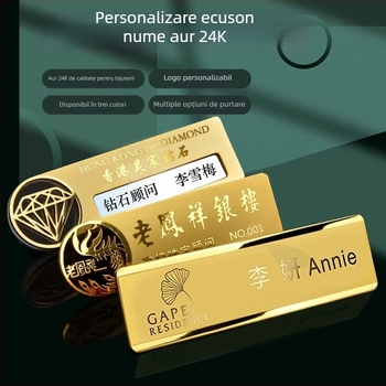 Insigne personalizate din oțel inoxidabil cu acoperire K-gold, plăcuțe metalice de identificare a angajaților, etichete cu nume, insigne de lucru cu știft