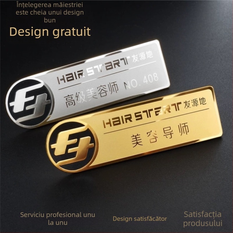 Insigne personalizate din oțel inoxidabil cu acoperire K-gold, plăcuțe metalice de identificare a angajaților, etichete cu nume, insigne de lucru cu știft