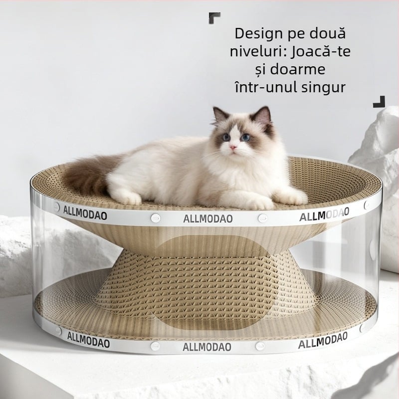 Tunel transparent pentru pisici, pat de zgâriere în două straturi, din carton ondulat