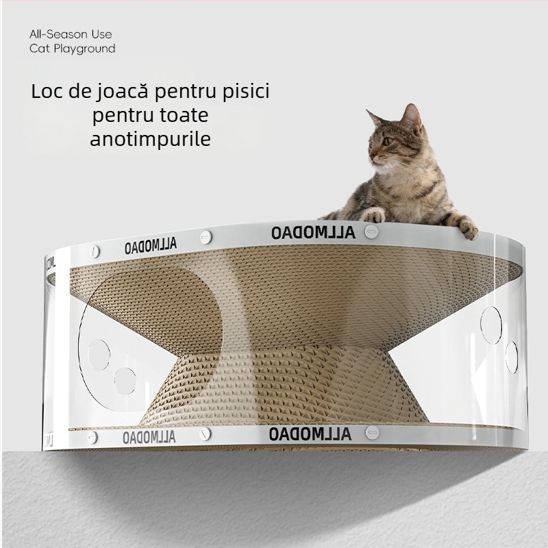 Tunel transparent pentru pisici, pat de zgâriere în două straturi, din carton ondulat