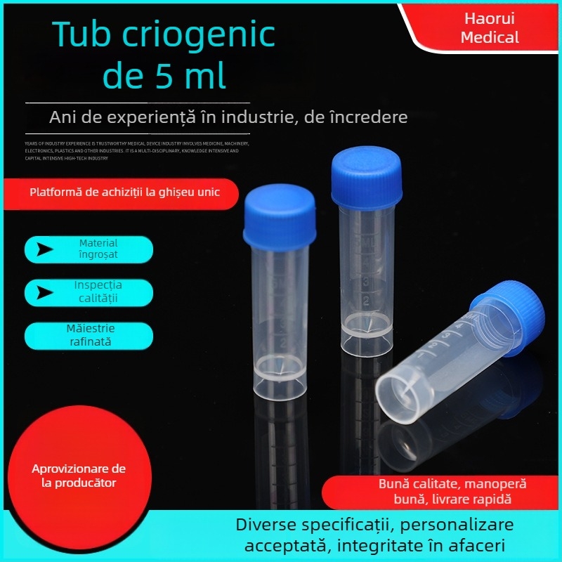 Hao Rui țevi de criogenare cu fund plat, capac filet, scară de măsură, colector pentru salivă 5 ml, steril