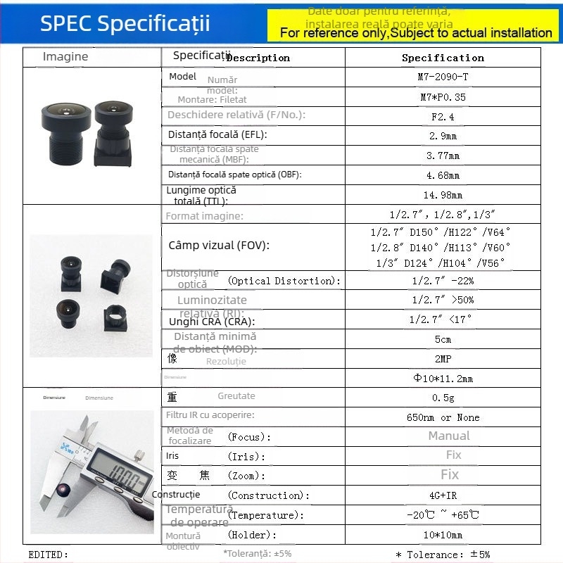 Interfață M7, lentilă cu focalizare fixă de 2.9 mm pentru citire coduri, senzor 1/2.7 inch, unghi de vizualizare 150°