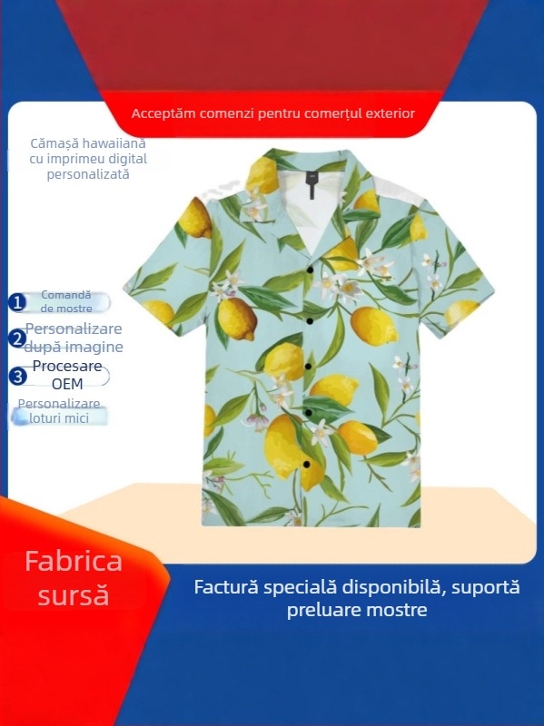 Cămașă pentru bărbați cu guler cubanez, imprimeu hawaiian, mânecă scurtă, croială lejeră, imprimare digitală
