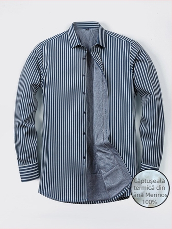 Cămașă bărbătească cu căptușeală din lână pentru iarnă, în dungi, mânecă lungă, groasă și caldă, stil business casual