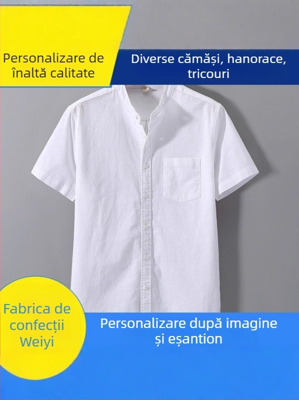 Cămașă de bărbați din in-bumbac, ușoară, mâneci scurte, croială lejeră, stil chinezesc, top de vară