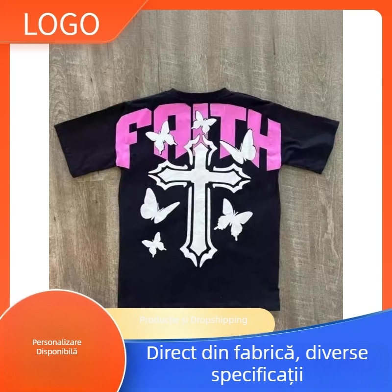 Tricou Y2K personalizat cu litere, imprimeu grafic retro încrucișat, din bumbac, mâneci scurte, pentru bărbați, guler rotund