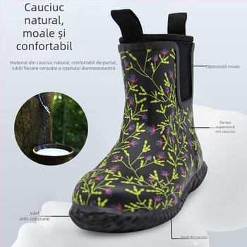 Ghete de ploaie pentru copii, iarnă, din cauciuc impermeabil, imprimeu floral, culoare cafenie, unisex