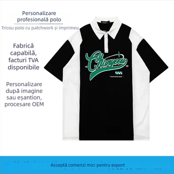 Tricou polo masculin personalizat în stil japonez, cu imprimeu cu litere și cusături în culoare contrastantă, guler polo deschis, mâneci scurte, croială lejeră