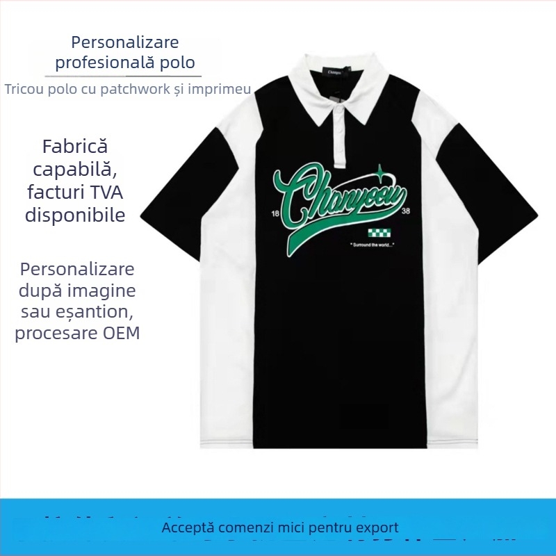 Tricou polo masculin personalizat în stil japonez, cu imprimeu cu litere și cusături în culoare contrastantă, guler polo deschis, mâneci scurte, croială lejeră