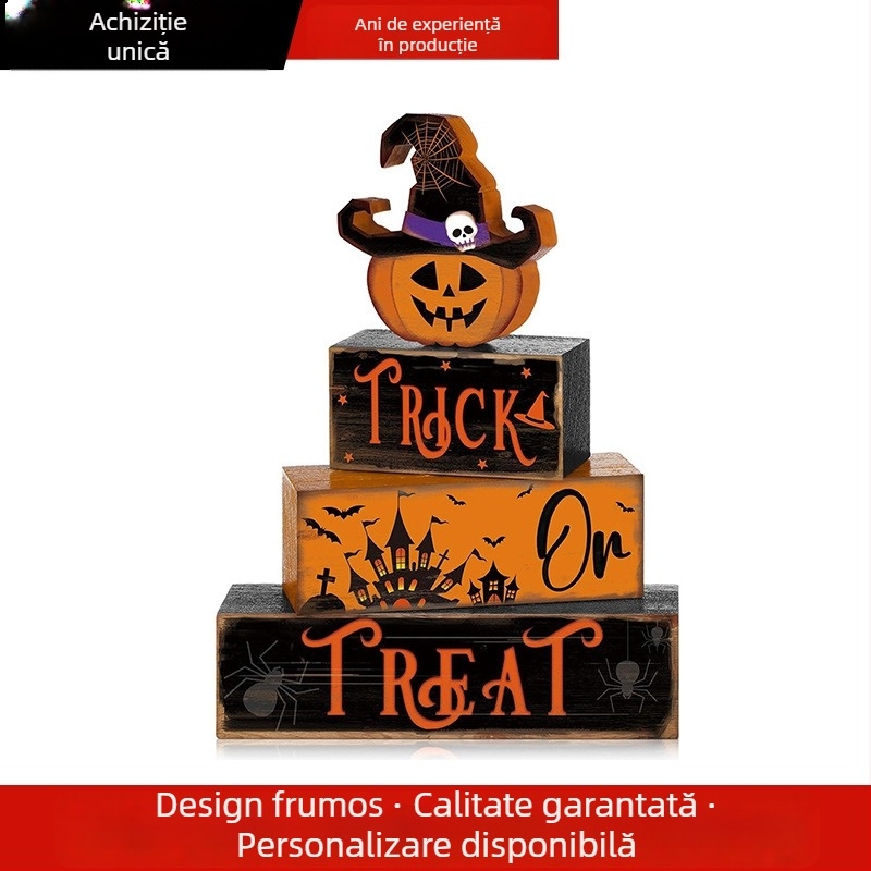 Decor de Halloween pentru birou din lemn, tavă stratificată cu dovleac și vrăjitoare