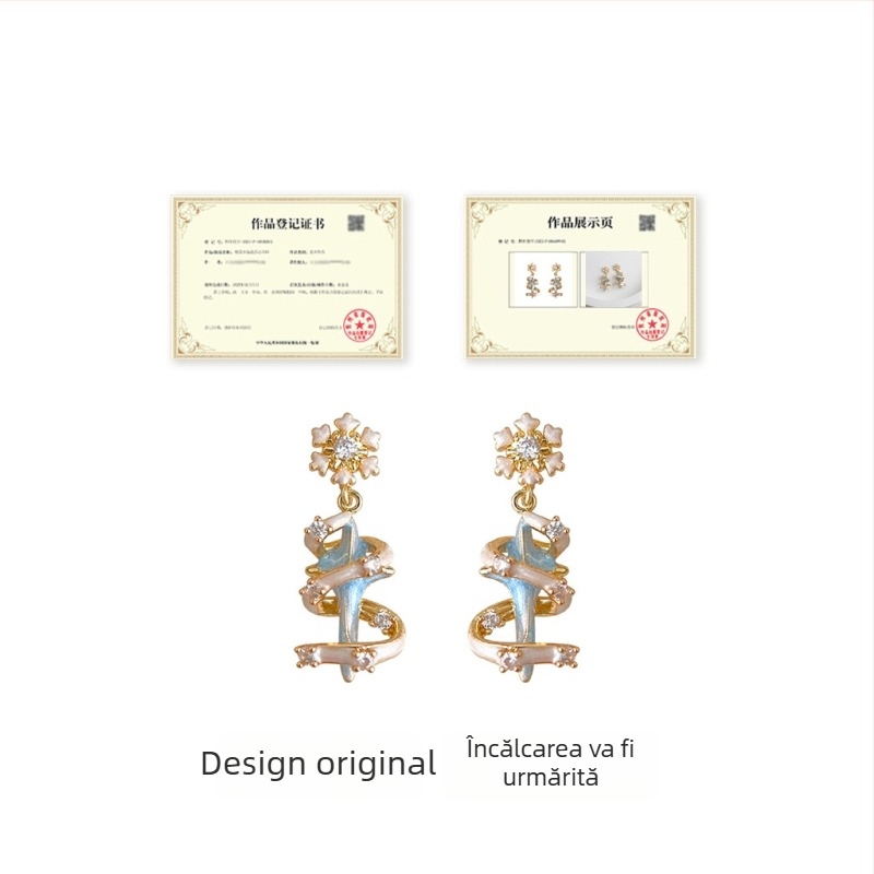 Cercei cu formă de fulg de zăpadă, placare cu argint, stil Chanel, design floral din cupru cu zirconiu, ediție designer